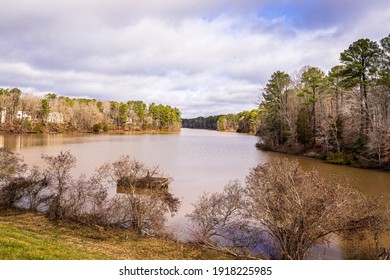 Raleigh, North Carolina USA-02 16 2021: Lake Lynn Viewed From The Dam On A Winter Morning.