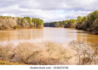 Raleigh, North Carolina USA-02 16 2021: Lake Lynn In Winter On A Cloudy Day.