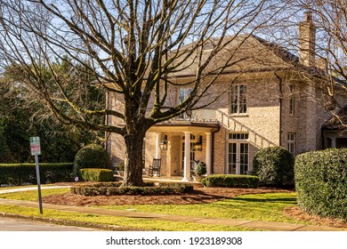 Raleigh, North Carolina USA-02 23 2021: A Stately Brick Home In The Raleigh Hayes Barton Neighborhood.