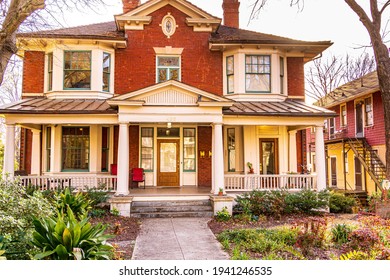 Raleigh, North Carolina USA-03 22 2021: A Lovely Red Brick Two Story Home In Boylan Heights.