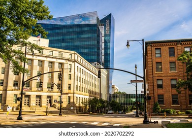 Raleigh, North Carolina USA-08 06 2021: View Of The State Employees Credit Union Building From Edenton Street In Downtown Raleigh.