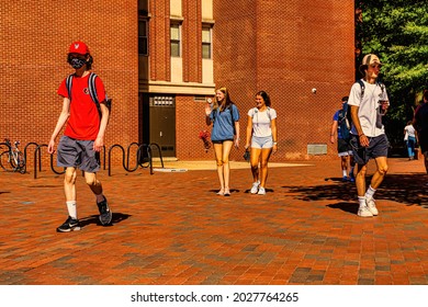 Raleigh, North Carolina USA-08 19 2021: As The Fall Semester Begins At North Carolina State University Students Reconnect With Friends.