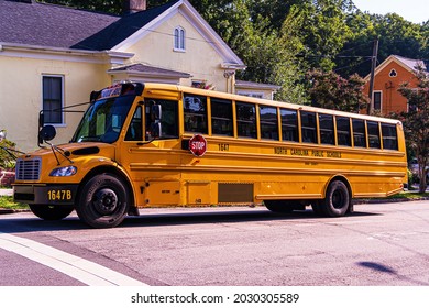 Raleigh, North Carolina USA-08 24 2021: Yellow School Buses Are Out Picking Up Public School Students For The First Week Of The Fall Semester.