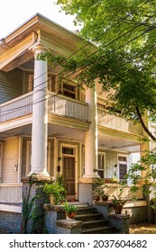 Raleigh, North Carolina USA-09 06 2021: A Colonial Southern Home With Two Front Sitting Porches'