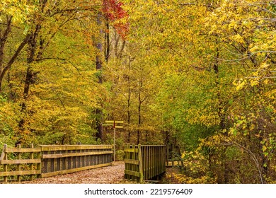 Raleigh, North Carolina USA-10 28 2022: A Wooden Bridge On The Neuse River Trail In Autumn.