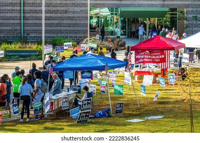 Raleigh, North Carolina USA-11 05 2022: There Are Political Signs Everywhere As People Line Up For Early Voting In The Midterm Election At The Lake Lynn Community Center.