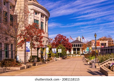 Raleigh, North Carolina USA-11 25 2021: This Picture Shows The North Carolina Natural Sciences Museum On The Left And The North Carolina State Legislature Building Straight Ahead.