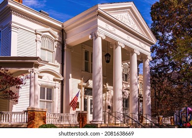 Raleigh, North Carolina USA-11 25 2021: The North Carolina Democratic Party Headquarters Is A Large White Building Constructed In The Classic Antebellum Or Plantation Style.