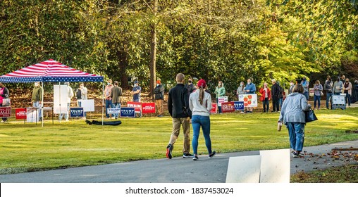 Raleigh, North Carolina/USA-10/20/2020: A Long Line Forms At The Lake Lynn Park Center For Early Voting In The 2020 Election.