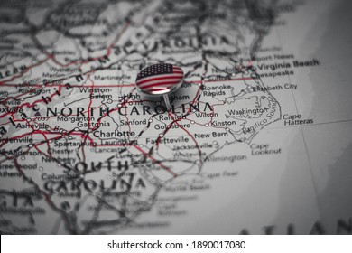 Raleigh Pinned On A Map With USA Flag