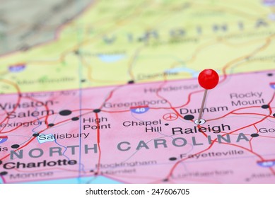 Raleigh pinned on a map of USA 