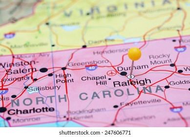 Raleigh pinned on a map of USA 