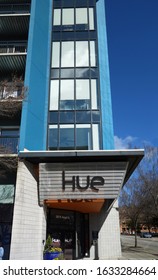 RALEIGH,NC/USA - 01-25-2020: Entrance To The Hue Apartments, Luxury Urban Housing In The Warehouse District Of Downtown Raleigh                              