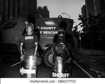 Raleigh,NC/USA 08282020 - Sheriff Stands Guard At The Wake County Justice Center After Black Lives Matter Protest Turned Violent The Night Before.