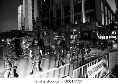 Raleigh,NC/USA 08282020 - Sheriff Stands Guard At The Wake County Justice Center After Black Lives Matter Protest Turned Violent The Night Before.