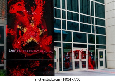 Raleigh,NC/USA 08292020 -Destruction At Wake County Justice Center After Black Lives Matter Protest That Turned Violent.