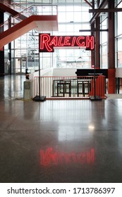 RALEIGH,NC/USA - 3-21-2020: The Interior Of Union Station Train Depot In Raleigh, NC, With A Neon Raleigh Sign