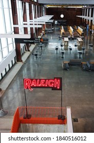 RALEIGH,NC/USA - 3-21-2020: The Interior Of Union Station Train Depot In Raleigh, NC, With A Neon Raleigh Sign