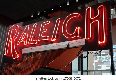 RALEIGH,NC/USA - 3-21-2020: Neon Raleigh Sign In The Interior Of Union Station Train Depot In Raleigh, NC