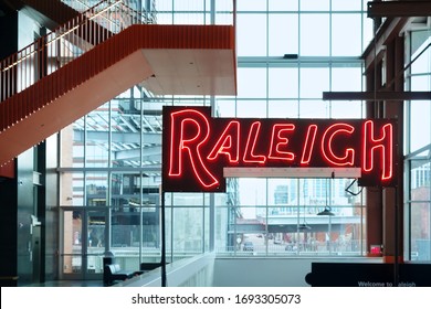 RALEIGH,NC/USA - 3-21-2020: View Toward Downtown From The Interior Of Union Station Train Depot In Raleigh, NC, With A Neon Raleigh Sign