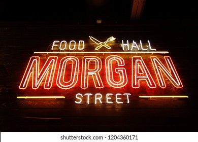 RALEIGH,NC/USA - 8-24-2018: Morgan Street Food Hall Neon Sign In Downtown Raleigh's Warehouse District, A Food Hall Serving A Variety Of Foods From Various Vendors In An Indoor/outdoor Environment