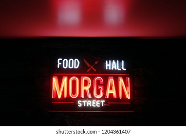 RALEIGH,NC/USA - 8-24-2018: Morgan Street Food Hall Neon Sign In Downtown Raleigh's Warehouse District, A Food Hall Serving A Variety Of Foods From Various Vendors In An Indoor/outdoor Environment