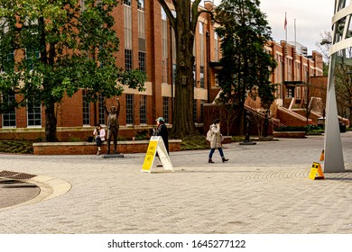 Raleigh,NC/USA-2/14/20:North Carolina 2020 Primary Early Voting At North Carolina State University. A Poll Worker In Front Of The Student Union.