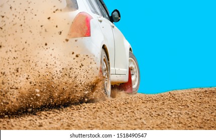 Rally Race Car Drifting On Dirt Track.