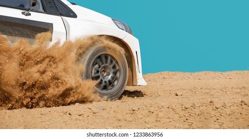 Rally racing car in dirt track.