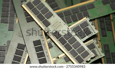 RAM computer memory DDR4 chip technology. RAM DRAM module electronics circuit board. RAM PC motherboard slot hardware upgrade. RAM computing system processing performance.