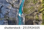 Ram Falls Provincial Park. Top cinematic aerial view. Alberta, Canada. Canadian wild nature and landscape from above. Canadian famous park