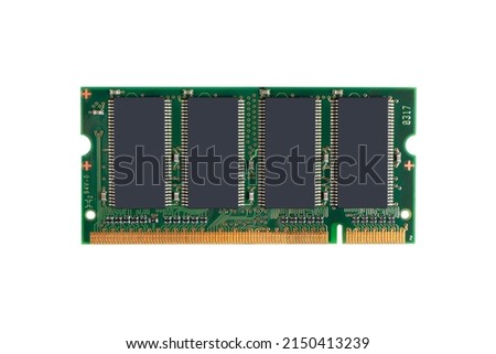 RAM memory. Chip close up. RAM macro shot. Computer circuit isolated on a white background. Operative memory for notebook or laptop computer isolated.