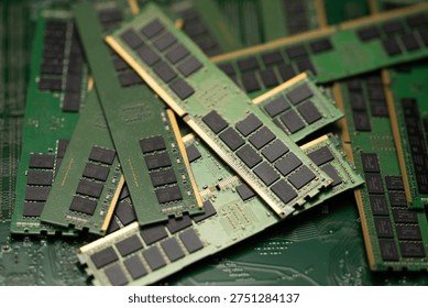 RAM memory module computer hardware technology. RAM DDR4 memory chip circuit board. RAM computer motherboard slot performance upgrade. RAM DRAM microchip processing system computing.
