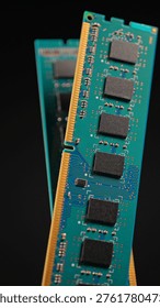 RAM memory module part of computer system hardware. Close up macro view. RAM used for development and processing of AI Artificial Intelligence models processing. RAM chips in demand for LLM agents.