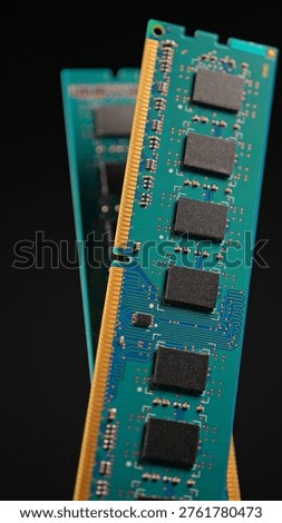 RAM memory module part of computer system hardware. Close up macro view. RAM used for development and processing of AI Artificial Intelligence models processing. RAM chips in demand for LLM agents.