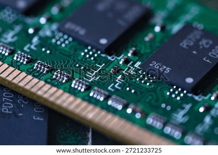 RAM memory on a surface. Macro image with details of electronic circuits and hardware.