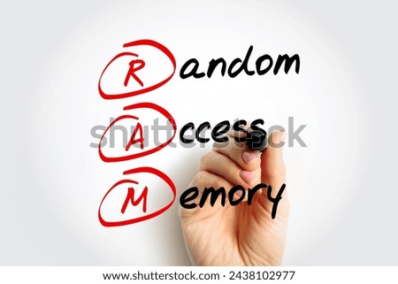 RAM Random Access Memory - form of computer memory that can be read and changed in any order, acronym text with marker