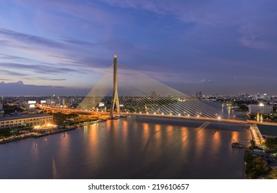 Rama 8 Bridge at twilight in Bangkok Thailand