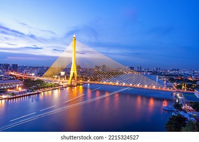 Rama VIII Bridge High Angle At Night Bangkok Thailand