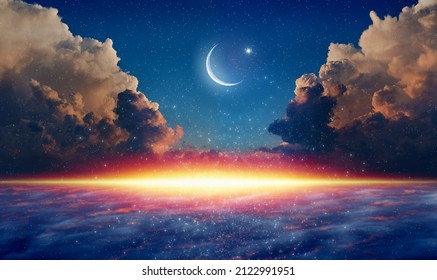 Ramadan background with bright crescent, stars and glowing horizon. Month of Ramadan is that in which was revealed Quran. Mixed media image. - Shutterstock ID 2122991951