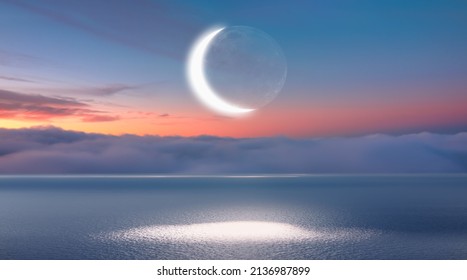 Ramadan Concept - Abstract Background With Crescent Moon Over The Sunset Clouds