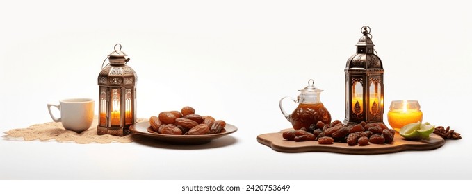 Ramadan dates fruit and drinks, Lantern on Isolated Background