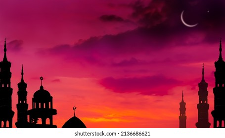Ramadan, Eid ai-fitr,New year Muharram islamic religion Symbols with Mosques Dome, Crescent Moon silhouette on dark red and twilight sky in night sunset. arabic,Eid al-adha,mubarak  Muslim concept. - Shutterstock ID 2136686621