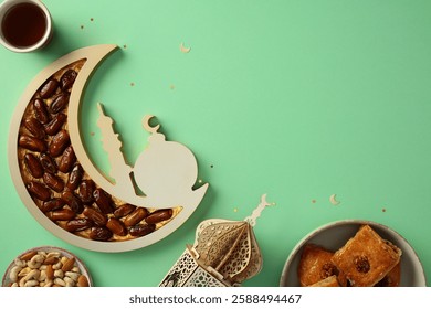 Ramadan flat lay composition with dates in a crescent moon-shaped tray, a cup of tea, nuts, and baklava on a green background