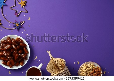 Ramadan flat lay with tea, dates, nuts, and decorative stars and crescent moon on a purple background