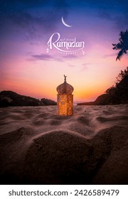 Ramadan greeting poster image, Beautiful lantern lamp on the beach with crescent moon on the night sky, 2024 Ramadan Kareem and Eid Mubarak photography