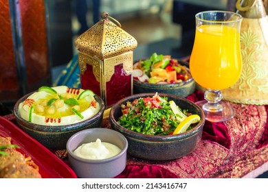 Ramadan iftar buffet table setup, Arabic Food.