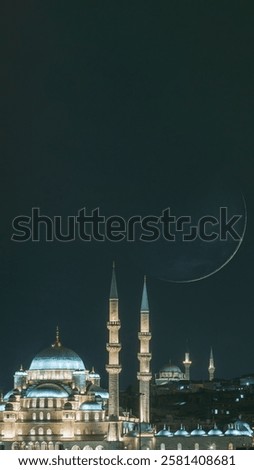 Ramadan or islamic concept vertical image. Mosques and crescent moon at night.