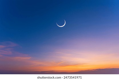 Ramadan islamic night sunset with eastern moon, Hilal and Eid clear sky at night with some clouds  - Powered by Shutterstock