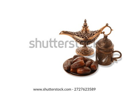 Ramadan items: dates, cup and lamp, isolated, PNG